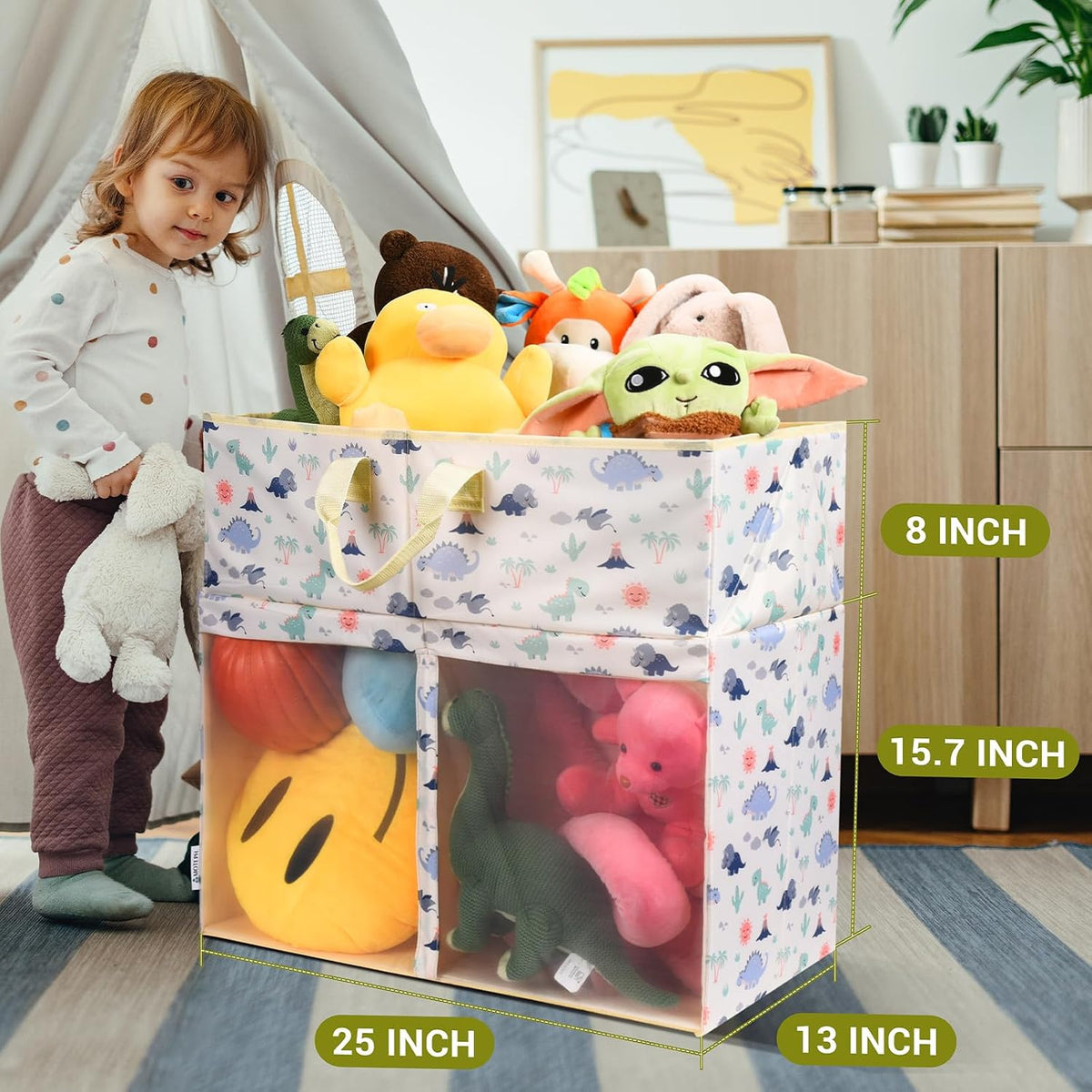 Toy Box with Lid, Collapsible Dinosaur Toy Chest with Mesh Window & Divider, Large Stuffed Animal Storage Bin for Playroom, Kids Room, Nursery Organization, Toy Bin for Boys & Girls