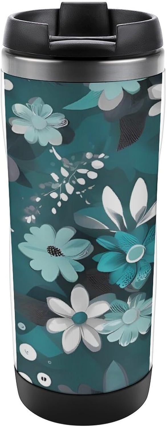 13oz Insulated Travel Coffee Mug Reusable Coffee Cup Water Bottle | Teal Grey And White Floral Travel Mug with Leak Proof Lid Double Wall Stainless Steel Coffee Tumbler Personalized Gift