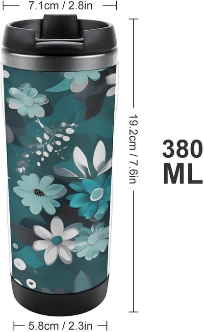 13oz Insulated Travel Coffee Mug Reusable Coffee Cup Water Bottle | Teal Grey And White Floral Travel Mug with Leak Proof Lid Double Wall Stainless Steel Coffee Tumbler Personalized Gift