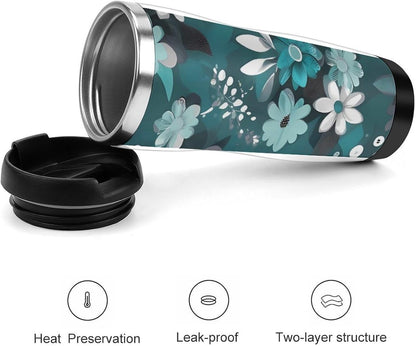 13oz Insulated Travel Coffee Mug Reusable Coffee Cup Water Bottle | Teal Grey And White Floral Travel Mug with Leak Proof Lid Double Wall Stainless Steel Coffee Tumbler Personalized Gift