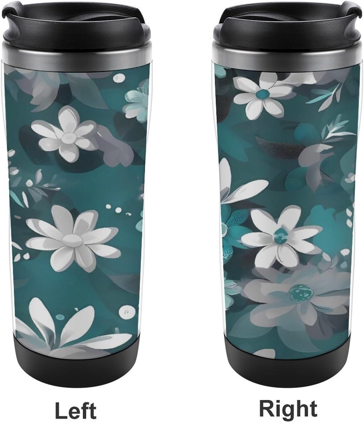 13oz Insulated Travel Coffee Mug Reusable Coffee Cup Water Bottle | Teal Grey And White Floral Travel Mug with Leak Proof Lid Double Wall Stainless Steel Coffee Tumbler Personalized Gift