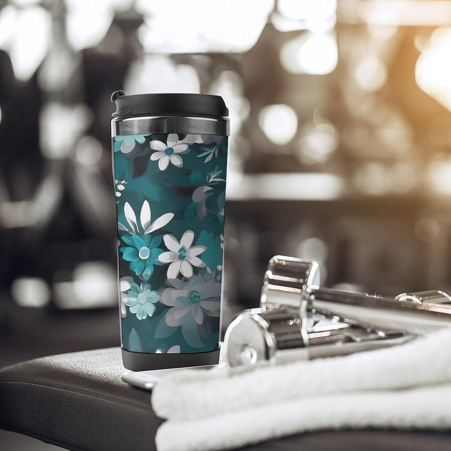 13oz Insulated Travel Coffee Mug Reusable Coffee Cup Water Bottle | Teal Grey And White Floral Travel Mug with Leak Proof Lid Double Wall Stainless Steel Coffee Tumbler Personalized Gift