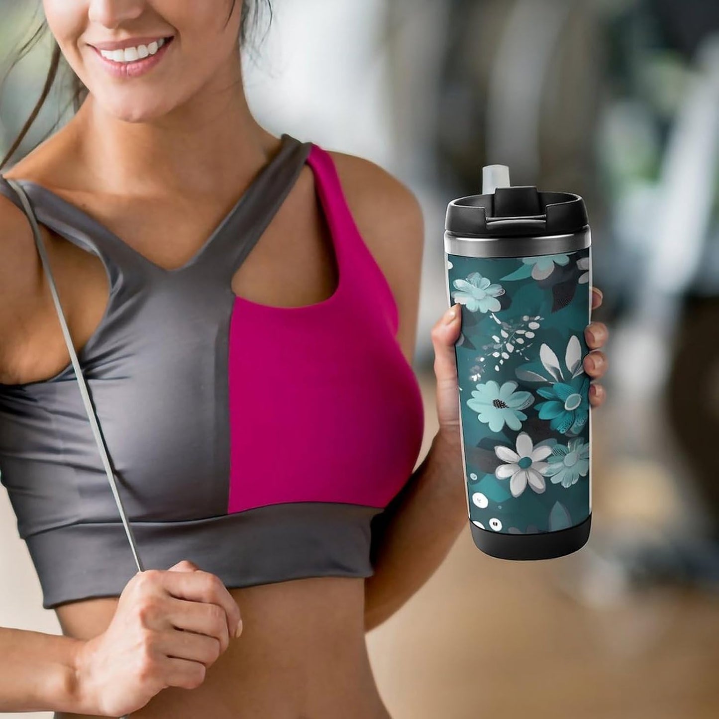 13oz Insulated Travel Coffee Mug Reusable Coffee Cup Water Bottle | Teal Grey And White Floral Travel Mug with Leak Proof Lid Double Wall Stainless Steel Coffee Tumbler Personalized Gift