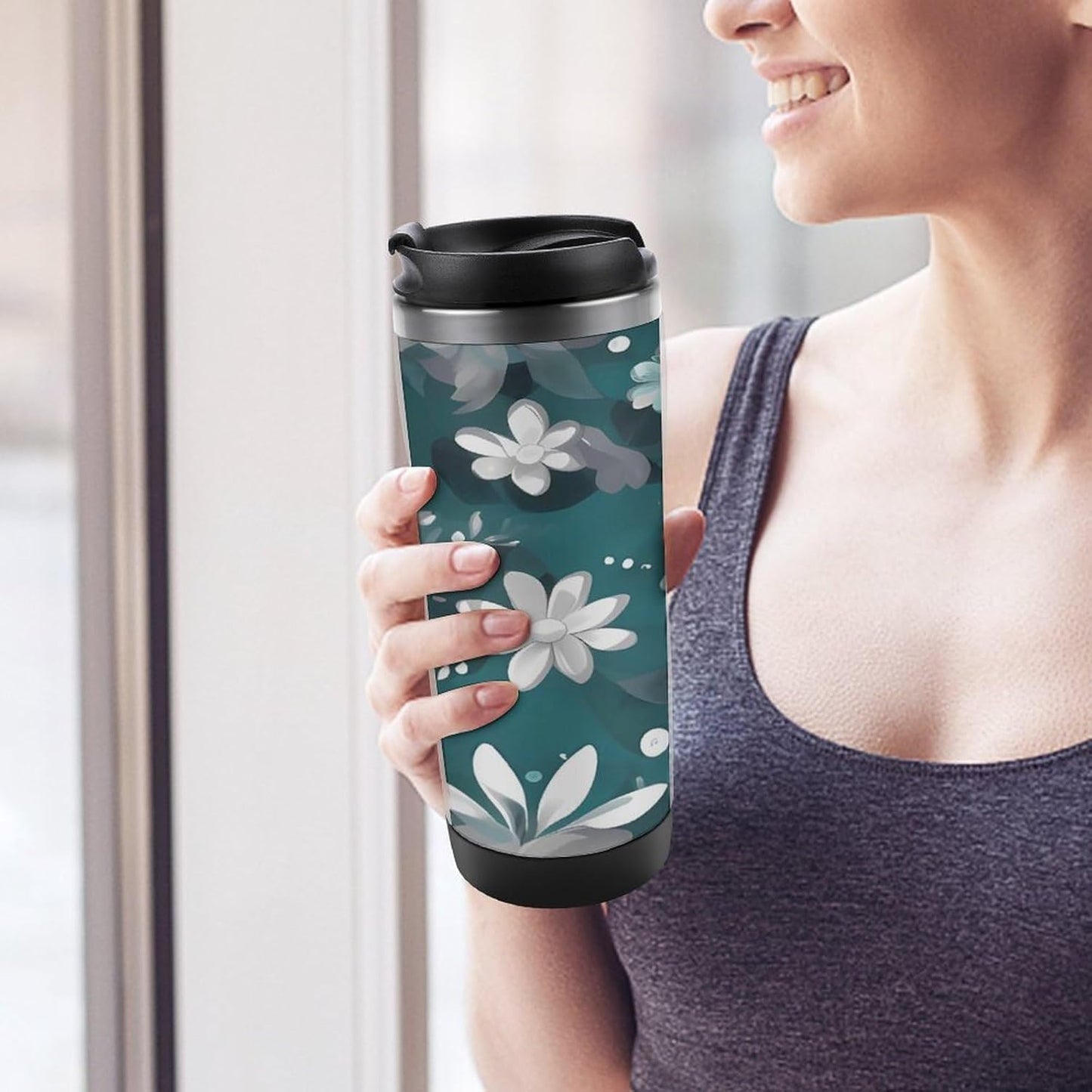 13oz Insulated Travel Coffee Mug Reusable Coffee Cup Water Bottle | Teal Grey And White Floral Travel Mug with Leak Proof Lid Double Wall Stainless Steel Coffee Tumbler Personalized Gift