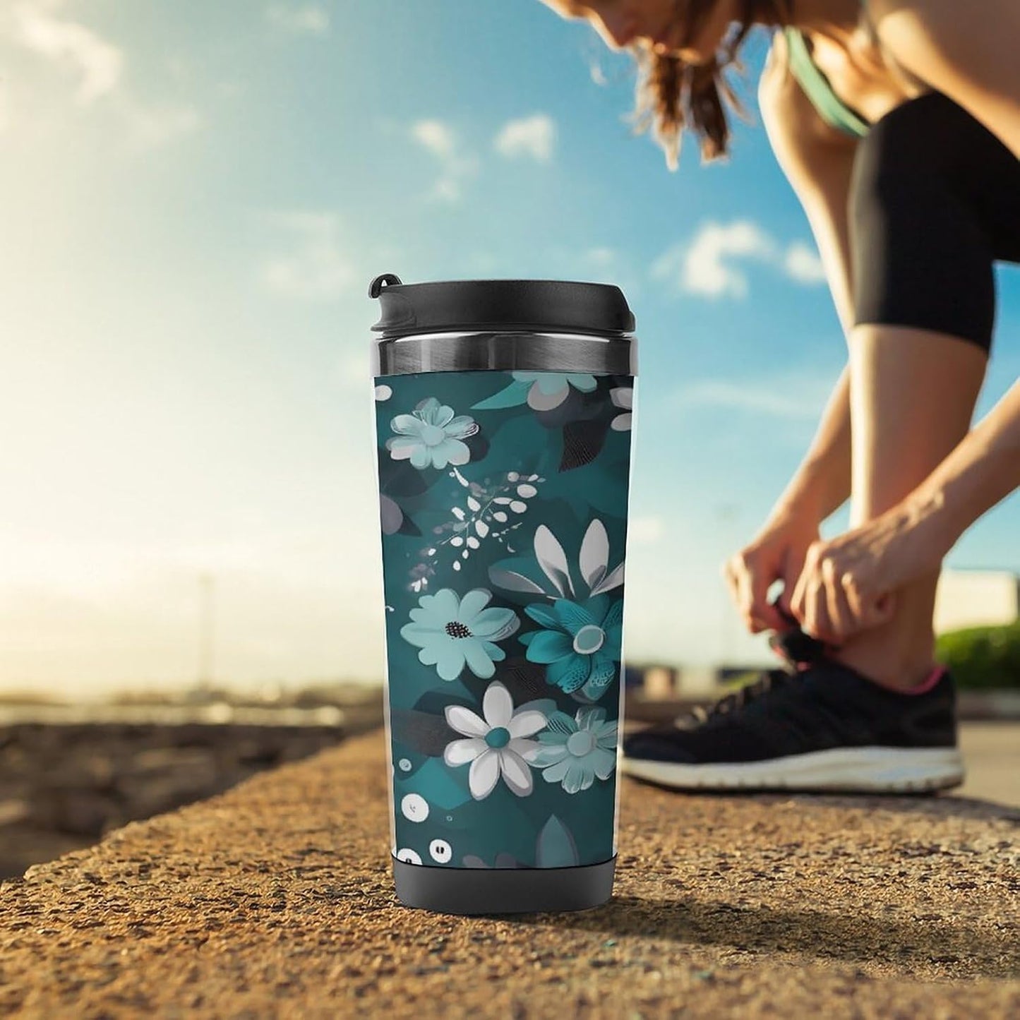 13oz Insulated Travel Coffee Mug Reusable Coffee Cup Water Bottle | Teal Grey And White Floral Travel Mug with Leak Proof Lid Double Wall Stainless Steel Coffee Tumbler Personalized Gift