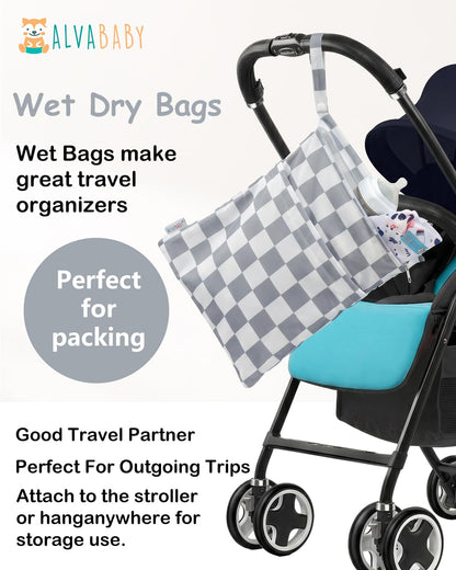 ALVA 2pcs Cloth Diaper Wet Dry Bags Waterproof Reusable with Two Zippered Pockets Travel Beach Pool Daycare Soiled Baby Items Yoga Gym Bag for Swimsuits or Wet Clothes 2LM05 - Colors A