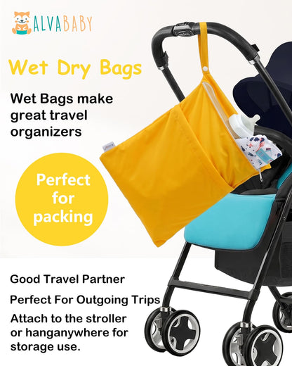 ALVA 2pcs Cloth Diaper Wet Dry Bags Waterproof Reusable with Two Zippered Pockets Travel Beach Pool Daycare Soiled Baby Items Yoga Gym Bag for Swimsuits or Wet Clothes 2LM05 - Colors A