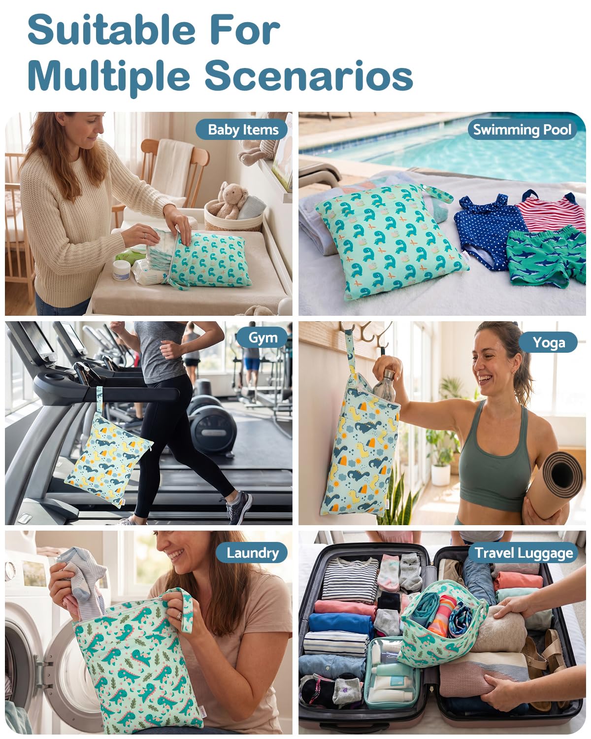 ALVA 2pcs Cloth Diaper Wet Dry Bags Waterproof Reusable with Two Zippered Pockets Travel Beach Pool Daycare Soiled Baby Items Yoga Gym Bag for Swimsuits or Wet Clothes 2LM05 - Colors A