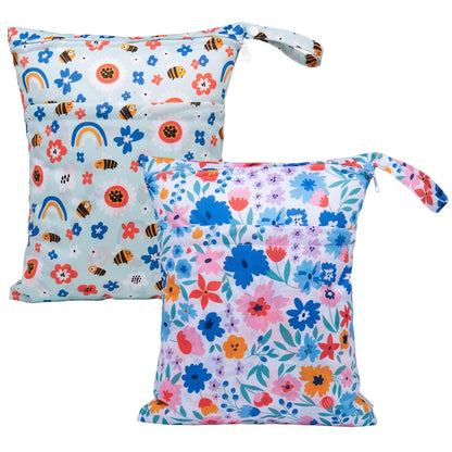 ALVA 2pcs Cloth Diaper Wet Dry Bags Waterproof Reusable with Two Zippered Pockets Travel Beach Pool Daycare Soiled Baby Items Yoga Gym Bag for Swimsuits or Wet Clothes 2LM05 - Colors A