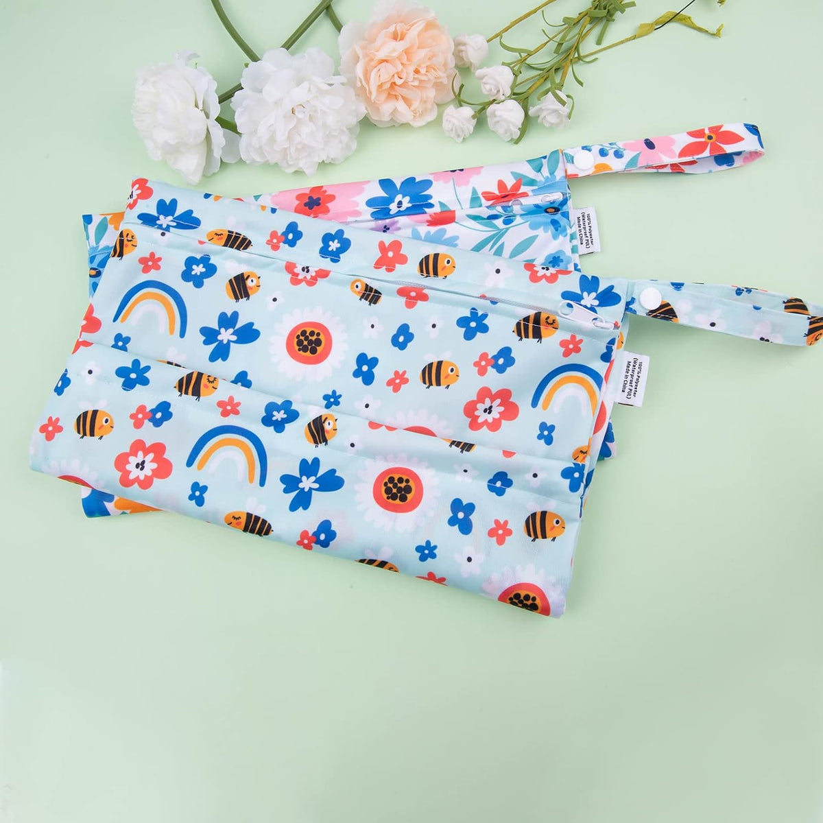 ALVA 2pcs Cloth Diaper Wet Dry Bags Waterproof Reusable with Two Zippered Pockets Travel Beach Pool Daycare Soiled Baby Items Yoga Gym Bag for Swimsuits or Wet Clothes 2LM05 - Colors A