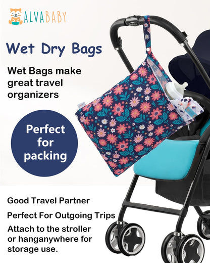 ALVA 2pcs Cloth Diaper Wet Dry Bags Waterproof Reusable with Two Zippered Pockets Travel Beach Pool Daycare Soiled Baby Items Yoga Gym Bag for Swimsuits or Wet Clothes 2LM05 - Colors A