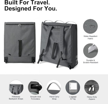 Stroller Travel Bag Compatible with UPPAbaby Minu Duo, Wheeled Gate Check Bag for Airplane, Hidden Backpack Straps, Front Zip Pocket, 600D Waterproof Padded Carrier with Foldable Storage