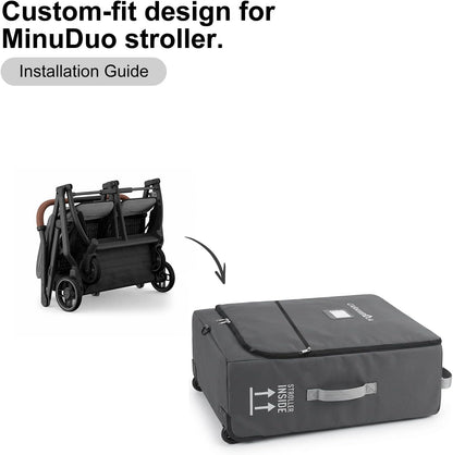 Stroller Travel Bag Compatible with UPPAbaby Minu Duo, Wheeled Gate Check Bag for Airplane, Hidden Backpack Straps, Front Zip Pocket, 600D Waterproof Padded Carrier with Foldable Storage