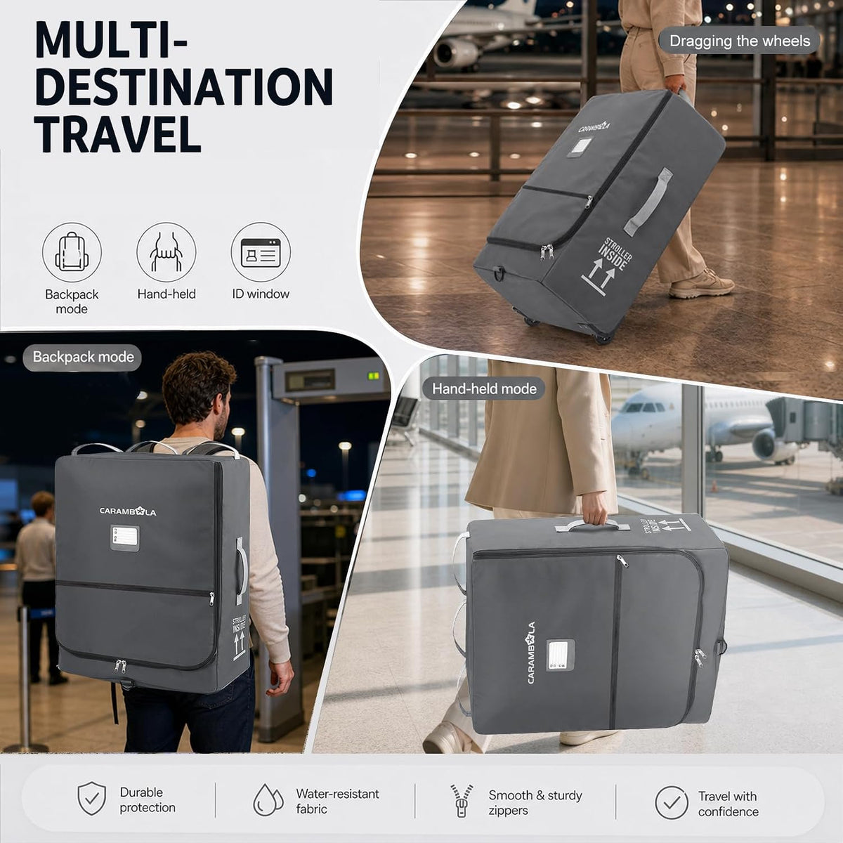 Stroller Travel Bag Compatible with UPPAbaby Minu Duo, Wheeled Gate Check Bag for Airplane, Hidden Backpack Straps, Front Zip Pocket, 600D Waterproof Padded Carrier with Foldable Storage