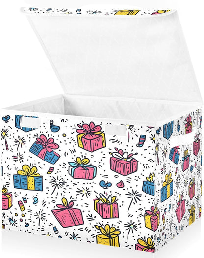 Cartoon Birthday Party Storage Box with Flip-Top Lid and Carrying Handle Collapsible Storage Cube Bin Large Storage Basket for Shelf Closet Bedroom Living Room, 16.5 x 12.6 x 11.8 In