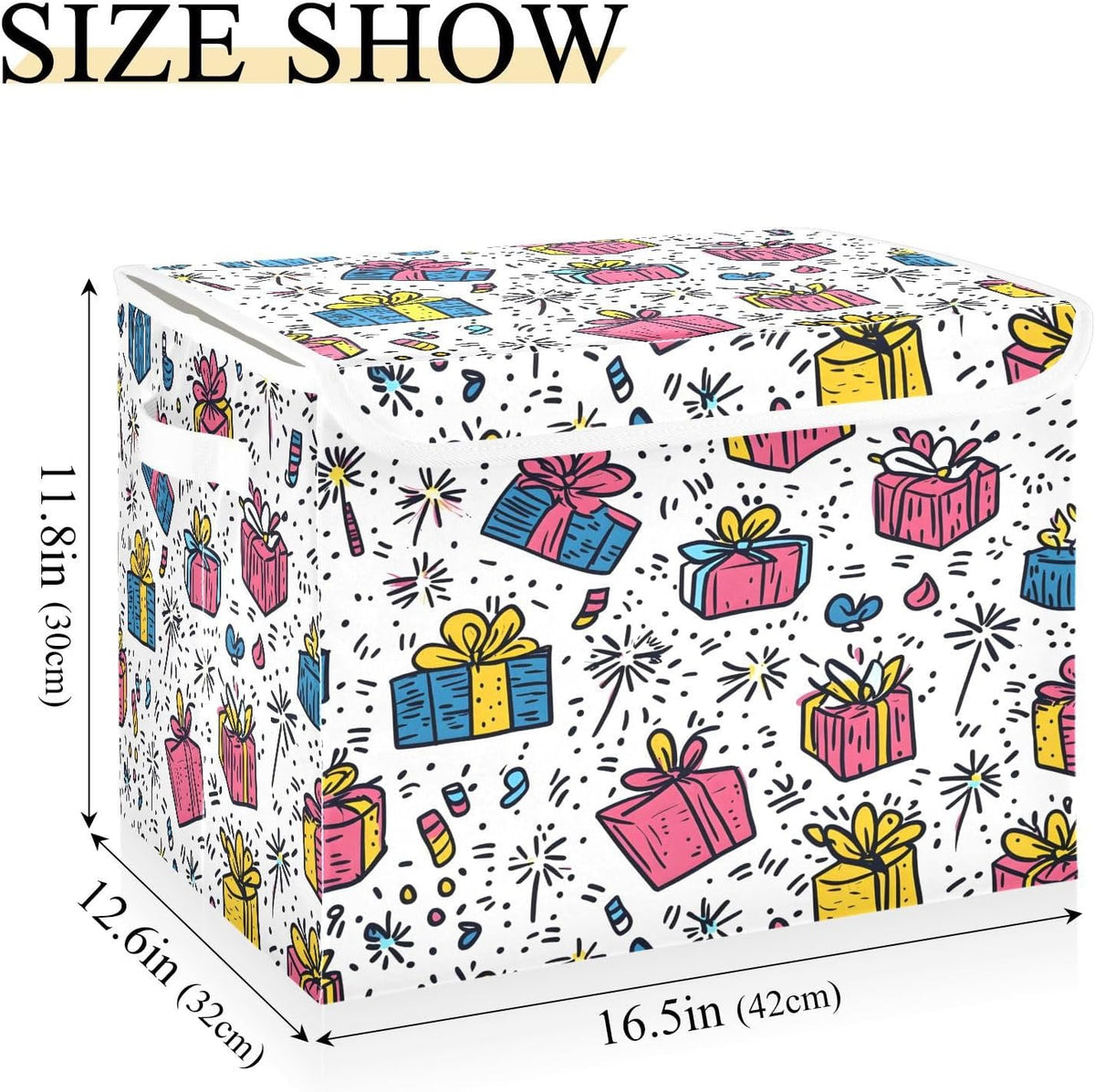Cartoon Birthday Party Storage Box with Flip-Top Lid and Carrying Handle Collapsible Storage Cube Bin Large Storage Basket for Shelf Closet Bedroom Living Room, 16.5 x 12.6 x 11.8 In
