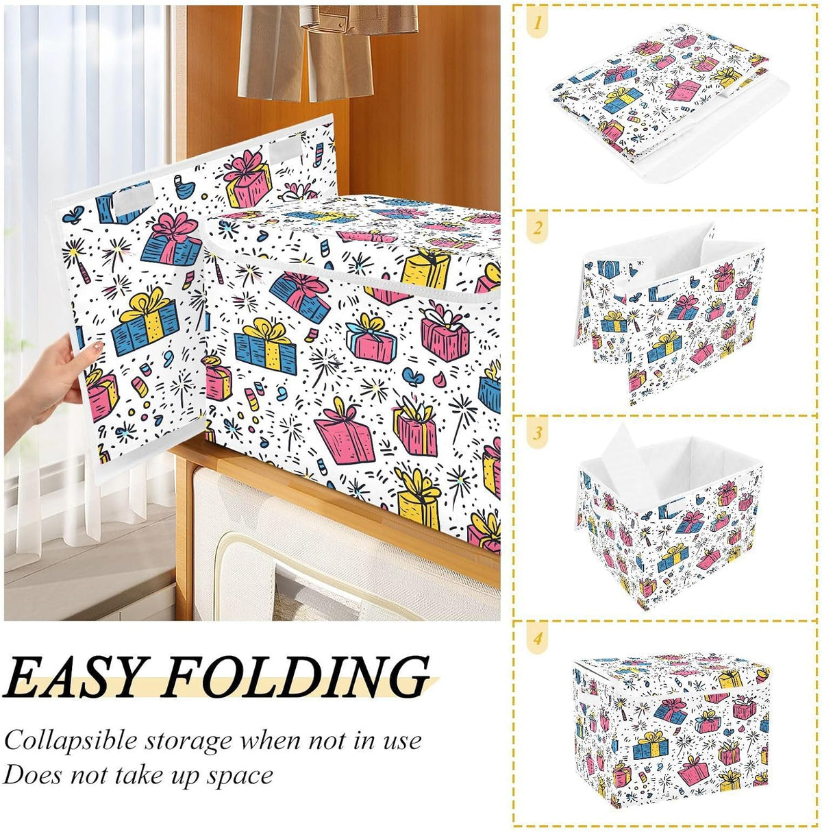 Cartoon Birthday Party Storage Box with Flip-Top Lid and Carrying Handle Collapsible Storage Cube Bin Large Storage Basket for Shelf Closet Bedroom Living Room, 16.5 x 12.6 x 11.8 In