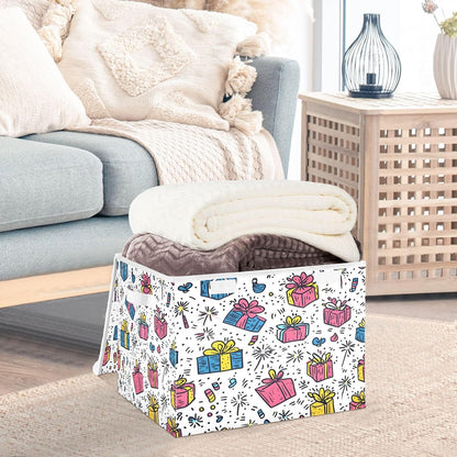 Cartoon Birthday Party Storage Box with Flip-Top Lid and Carrying Handle Collapsible Storage Cube Bin Large Storage Basket for Shelf Closet Bedroom Living Room, 16.5 x 12.6 x 11.8 In