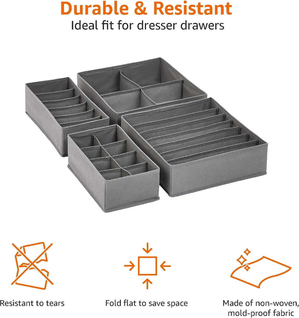 Deep Drawer Organizer for Clothes, Collapsible Storage Boxes for Socks, Underwear and Baby Items, Set of 4, Gray