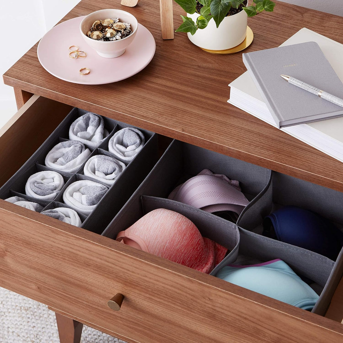 Deep Drawer Organizer for Clothes, Collapsible Storage Boxes for Socks, Underwear and Baby Items, Set of 4, Gray