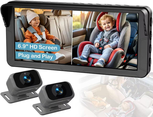 Dual Baby Car Camera for 2 Kids: 6.9" Large Split-Screen with 2-Camera