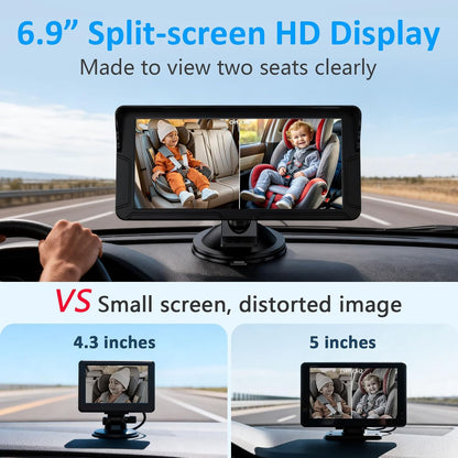 Dual Baby Car Camera for 2 Kids: 6.9" Large Split-Screen with 2-Camera