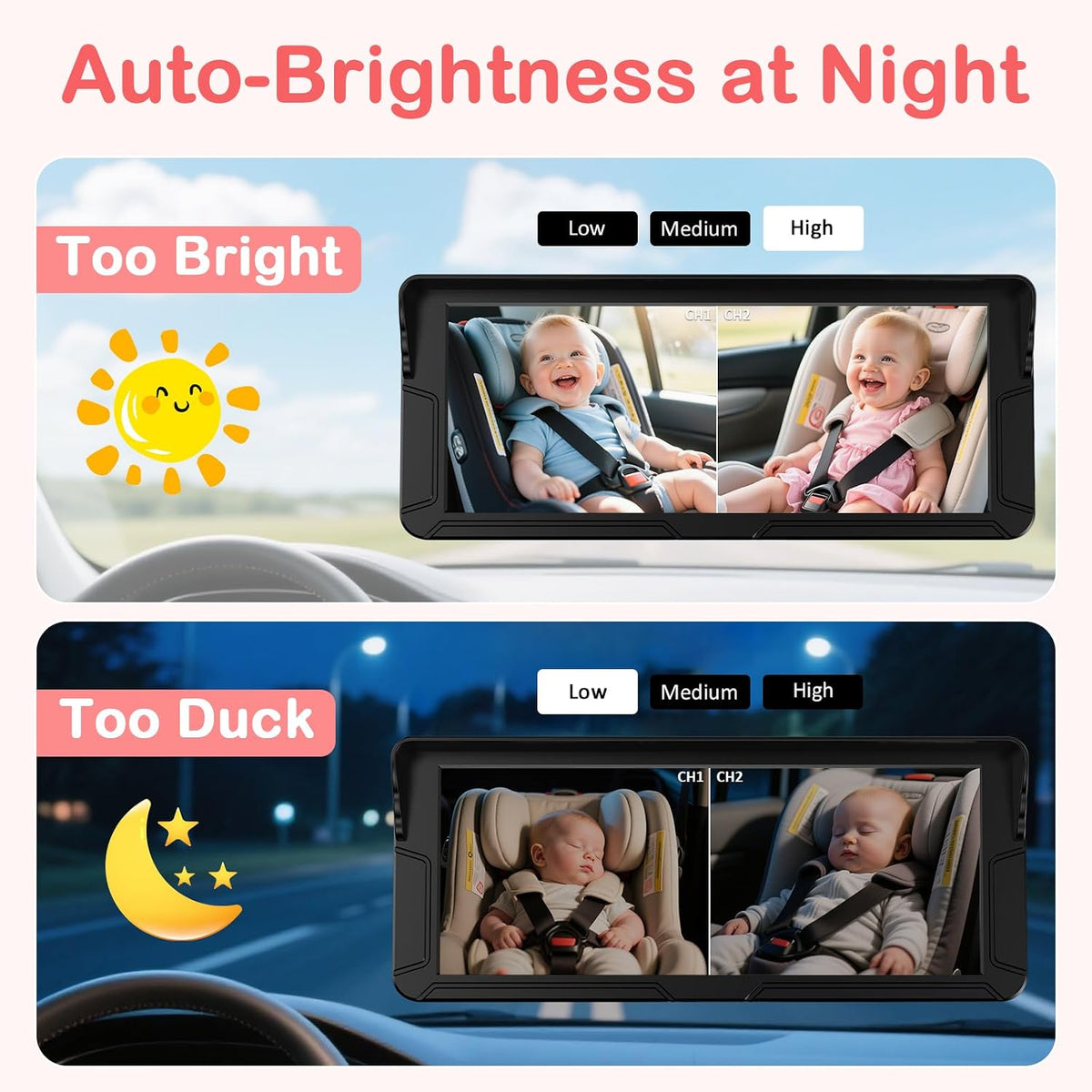 Dual Baby Car Camera for 2 Kids: 6.9" Large Split-Screen with 2-Camera