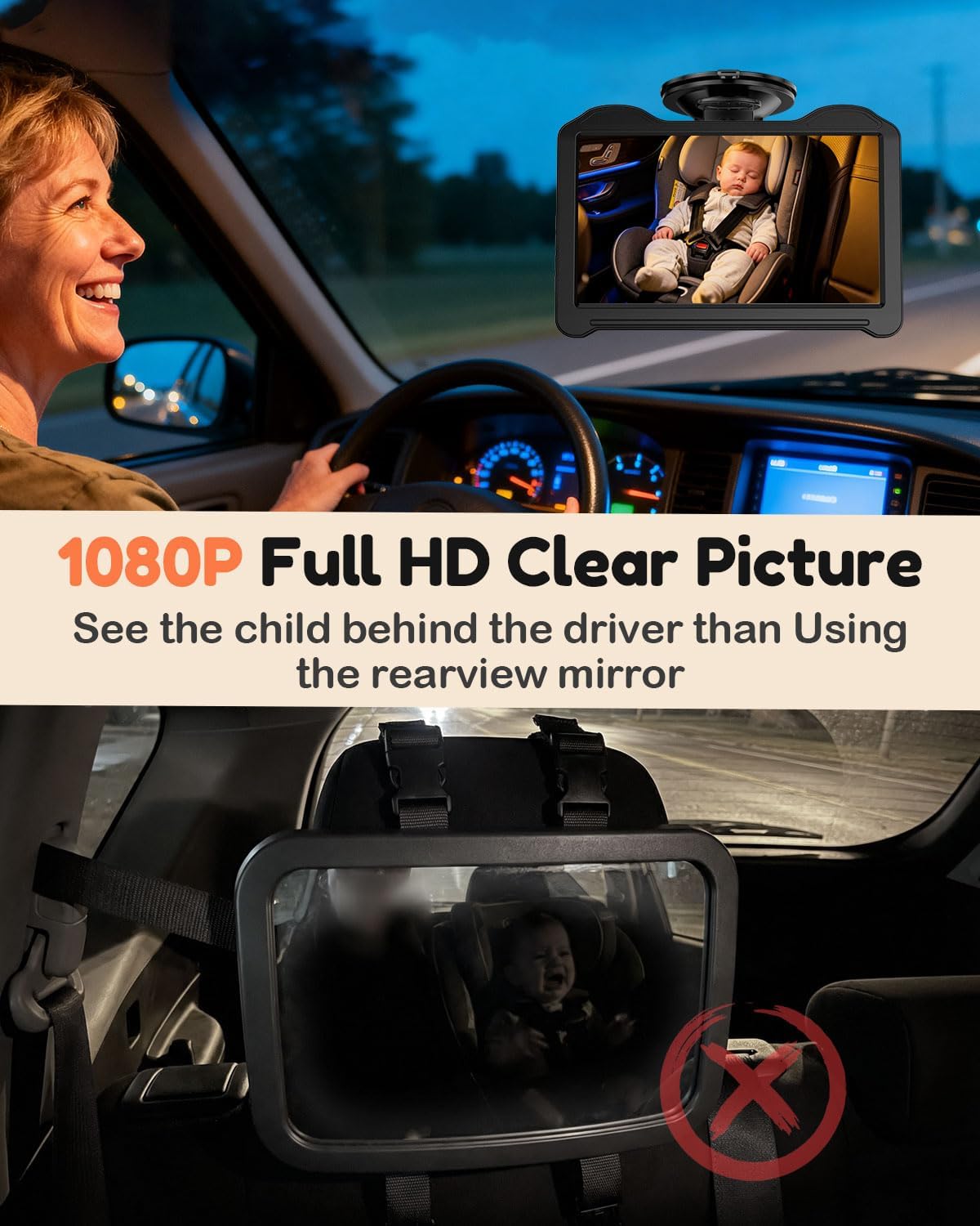 Dual Baby Car Camera for 2 Kids: 6.9" Large Split-Screen with 2-Camera