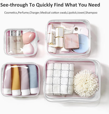 Small Clear Toiletry Bag, 4 Packs TSA Approved Water resistant Quart Size Travel Organizer, Airport Airline Travel Essential Carry On Makeup Cosmetic Bags for Women (White, Pack of 4)