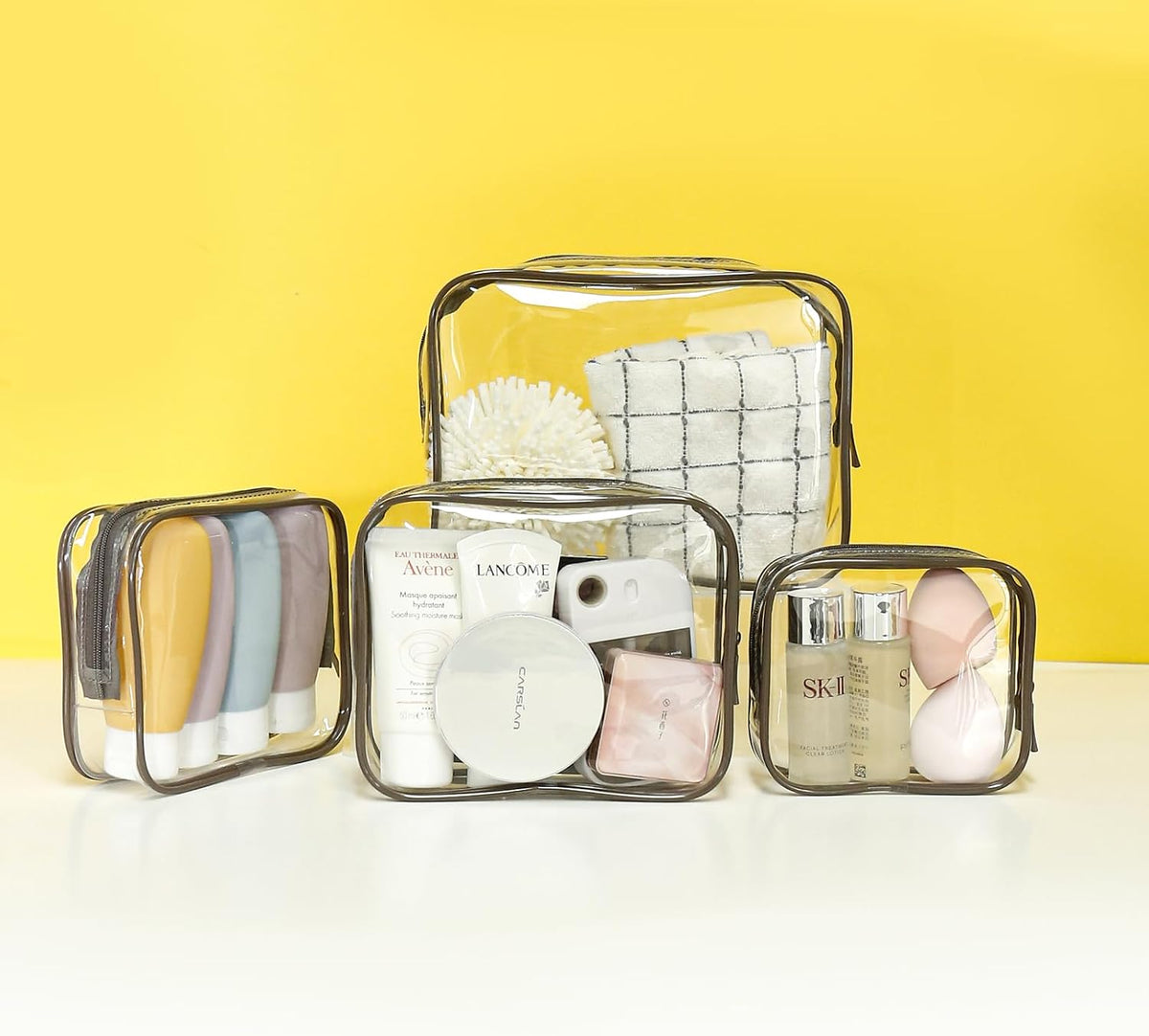 Small Clear Toiletry Bag, 4 Packs TSA Approved Water resistant Quart Size Travel Organizer, Airport Airline Travel Essential Carry On Makeup Cosmetic Bags for Women (White, Pack of 4)