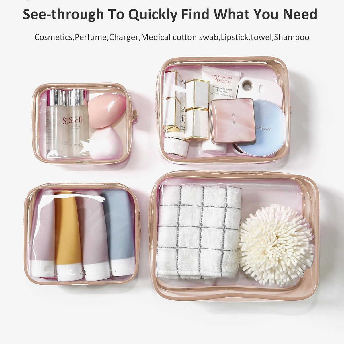 Small Clear Toiletry Bag, 4 Packs TSA Approved Water resistant Quart Size Travel Organizer, Airport Airline Travel Essential Carry On Makeup Cosmetic Bags for Women (White, Pack of 4)