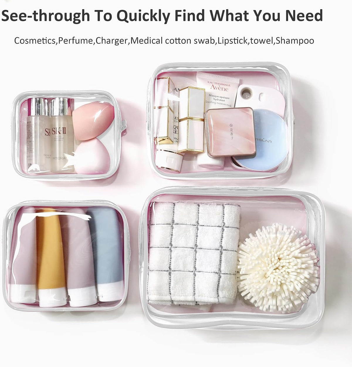 Small Clear Toiletry Bag, 4 Packs TSA Approved Water resistant Quart Size Travel Organizer, Airport Airline Travel Essential Carry On Makeup Cosmetic Bags for Women (White, Pack of 4)