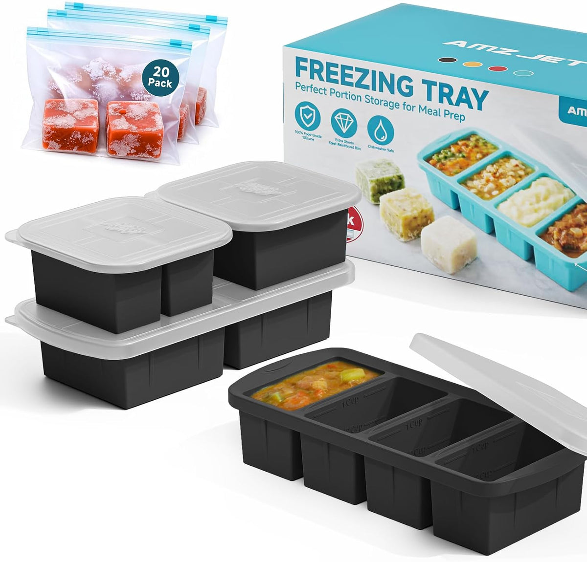 4-Pack Silicone Freezer Trays with Lid & 20 Bags - Multi-Size 1-Cup & 2-Cup Portions, Food-Grade Silicone Freezer Molds for Soup & Meal Prep - Freezer Storage Containers, Oven & Dishwasher Safe - Blue