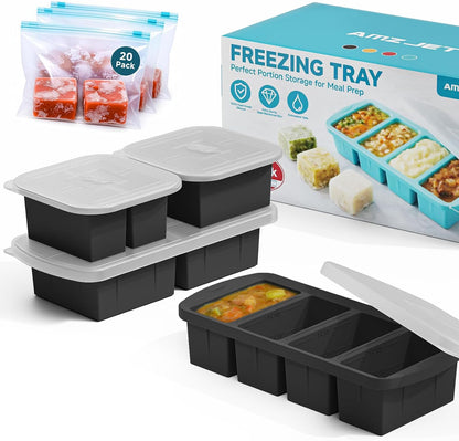 4-Pack Silicone Freezer Trays with Lid & 20 Bags - Multi-Size 1-Cup & 2-Cup Portions, Food-Grade Silicone Freezer Molds for Soup & Meal Prep - Freezer Storage Containers, Oven & Dishwasher Safe - Blue