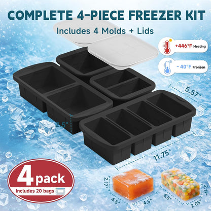4-Pack Silicone Freezer Trays with Lid & 20 Bags - Multi-Size 1-Cup & 2-Cup Portions, Food-Grade Silicone Freezer Molds for Soup & Meal Prep - Freezer Storage Containers, Oven & Dishwasher Safe - Blue