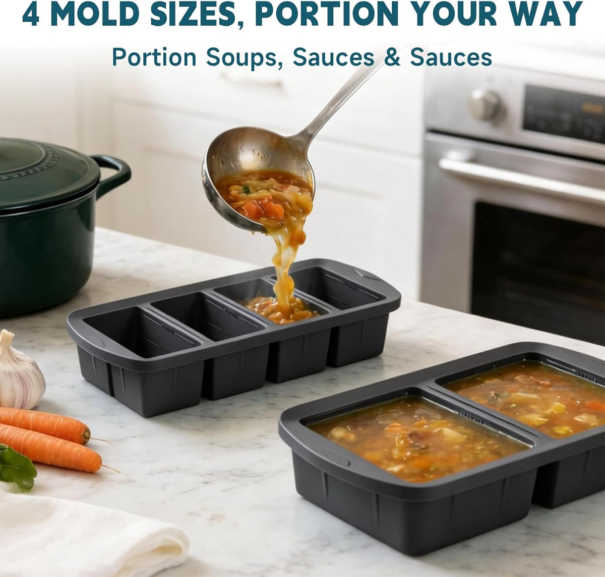 4-Pack Silicone Freezer Trays with Lid & 20 Bags - Multi-Size 1-Cup & 2-Cup Portions, Food-Grade Silicone Freezer Molds for Soup & Meal Prep - Freezer Storage Containers, Oven & Dishwasher Safe - Blue