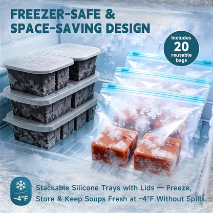 4-Pack Silicone Freezer Trays with Lid & 20 Bags - Multi-Size 1-Cup & 2-Cup Portions, Food-Grade Silicone Freezer Molds for Soup & Meal Prep - Freezer Storage Containers, Oven & Dishwasher Safe - Blue
