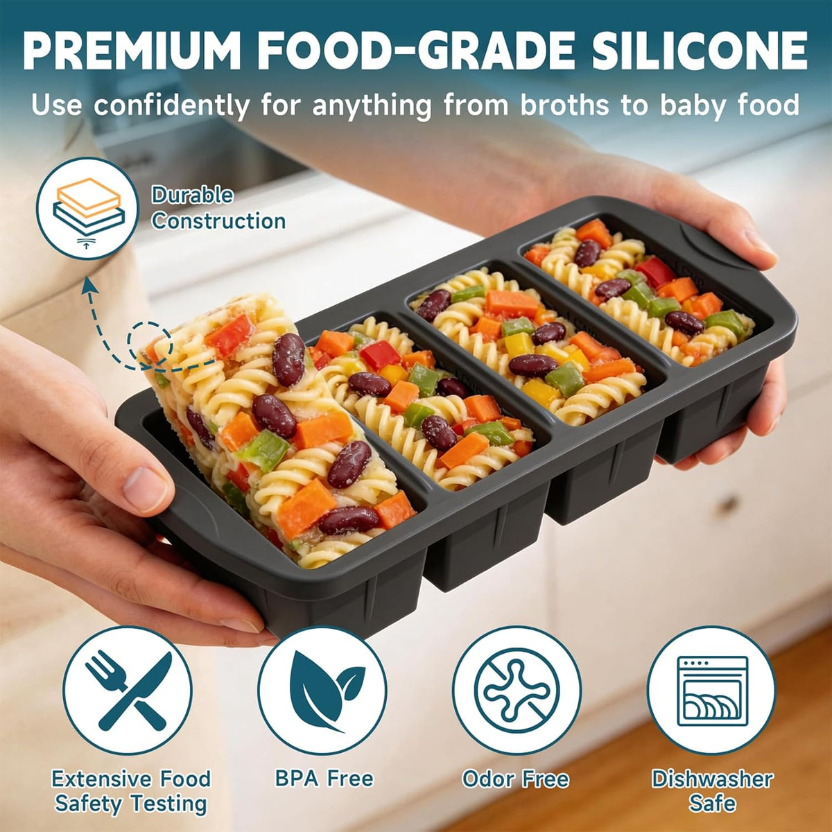 4-Pack Silicone Freezer Trays with Lid & 20 Bags - Multi-Size 1-Cup & 2-Cup Portions, Food-Grade Silicone Freezer Molds for Soup & Meal Prep - Freezer Storage Containers, Oven & Dishwasher Safe - Blue