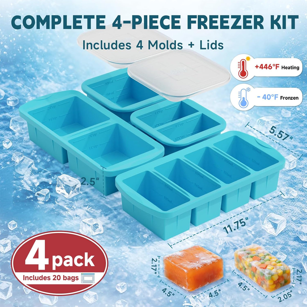 4-Pack Silicone Freezer Trays with Lid & 20 Bags - Multi-Size 1-Cup & 2-Cup Portions, Food-Grade Silicone Freezer Molds for Soup & Meal Prep - Freezer Storage Containers, Oven & Dishwasher Safe - Blue