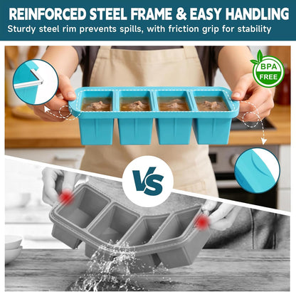 4-Pack Silicone Freezer Trays with Lid & 20 Bags - Multi-Size 1-Cup & 2-Cup Portions, Food-Grade Silicone Freezer Molds for Soup & Meal Prep - Freezer Storage Containers, Oven & Dishwasher Safe - Blue