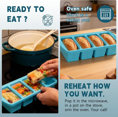4-Pack Silicone Freezer Trays with Lid & 20 Bags - Multi-Size 1-Cup & 2-Cup Portions, Food-Grade Silicone Freezer Molds for Soup & Meal Prep - Freezer Storage Containers, Oven & Dishwasher Safe - Blue