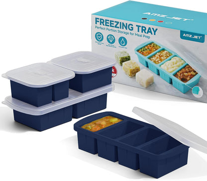 4-Pack Silicone Freezer Trays with Lid & 20 Bags - Multi-Size 1-Cup & 2-Cup Portions, Food-Grade Silicone Freezer Molds for Soup & Meal Prep - Freezer Storage Containers, Oven & Dishwasher Safe - Blue