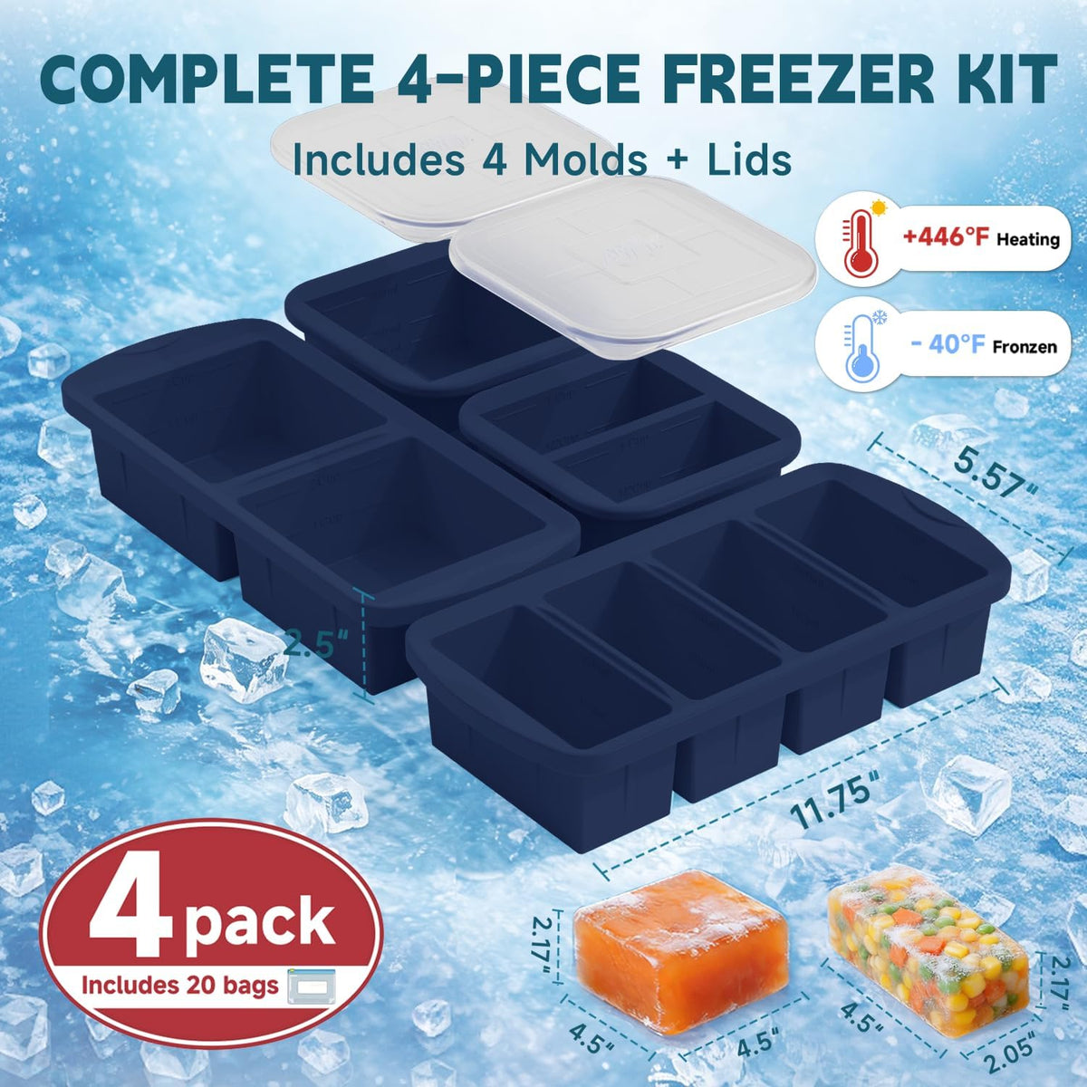 4-Pack Silicone Freezer Trays with Lid & 20 Bags - Multi-Size 1-Cup & 2-Cup Portions, Food-Grade Silicone Freezer Molds for Soup & Meal Prep - Freezer Storage Containers, Oven & Dishwasher Safe - Blue