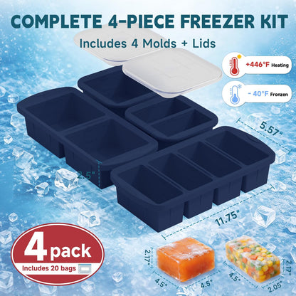 4-Pack Silicone Freezer Trays with Lid & 20 Bags - Multi-Size 1-Cup & 2-Cup Portions, Food-Grade Silicone Freezer Molds for Soup & Meal Prep - Freezer Storage Containers, Oven & Dishwasher Safe - Blue