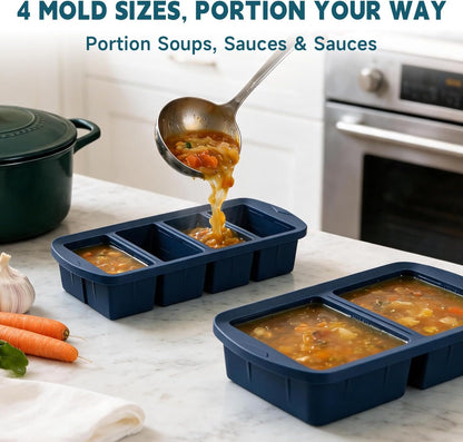 4-Pack Silicone Freezer Trays with Lid & 20 Bags - Multi-Size 1-Cup & 2-Cup Portions, Food-Grade Silicone Freezer Molds for Soup & Meal Prep - Freezer Storage Containers, Oven & Dishwasher Safe - Blue