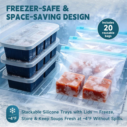 4-Pack Silicone Freezer Trays with Lid & 20 Bags - Multi-Size 1-Cup & 2-Cup Portions, Food-Grade Silicone Freezer Molds for Soup & Meal Prep - Freezer Storage Containers, Oven & Dishwasher Safe - Blue