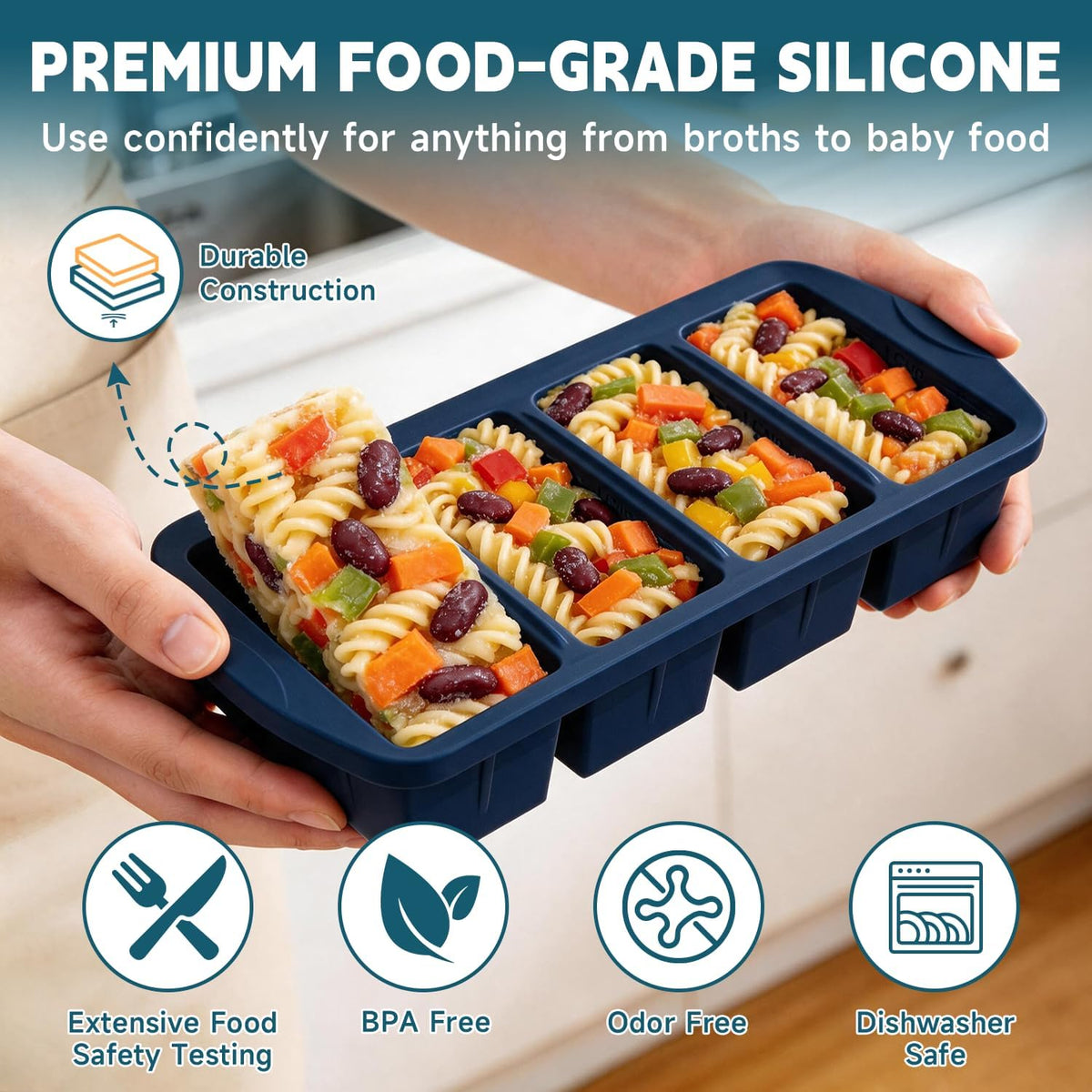 4-Pack Silicone Freezer Trays with Lid & 20 Bags - Multi-Size 1-Cup & 2-Cup Portions, Food-Grade Silicone Freezer Molds for Soup & Meal Prep - Freezer Storage Containers, Oven & Dishwasher Safe - Blue