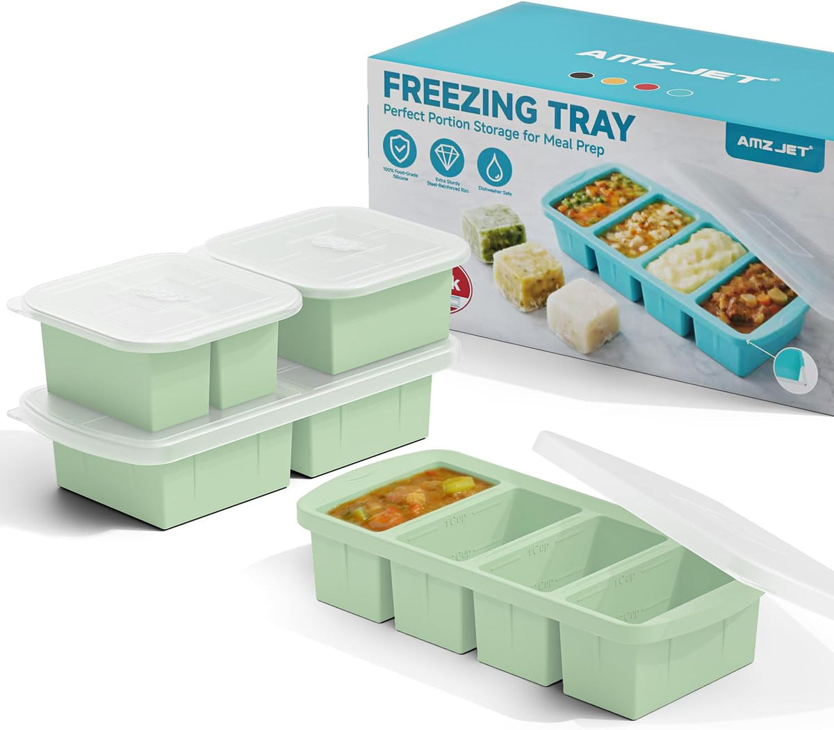 4-Pack Silicone Freezer Trays with Lid & 20 Bags - Multi-Size 1-Cup & 2-Cup Portions, Food-Grade Silicone Freezer Molds for Soup & Meal Prep - Freezer Storage Containers, Oven & Dishwasher Safe - Blue
