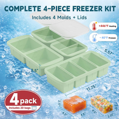 4-Pack Silicone Freezer Trays with Lid & 20 Bags - Multi-Size 1-Cup & 2-Cup Portions, Food-Grade Silicone Freezer Molds for Soup & Meal Prep - Freezer Storage Containers, Oven & Dishwasher Safe - Blue