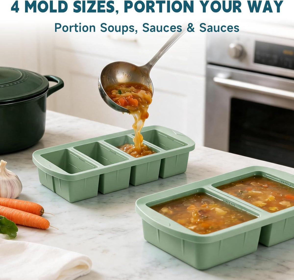 4-Pack Silicone Freezer Trays with Lid & 20 Bags - Multi-Size 1-Cup & 2-Cup Portions, Food-Grade Silicone Freezer Molds for Soup & Meal Prep - Freezer Storage Containers, Oven & Dishwasher Safe - Blue